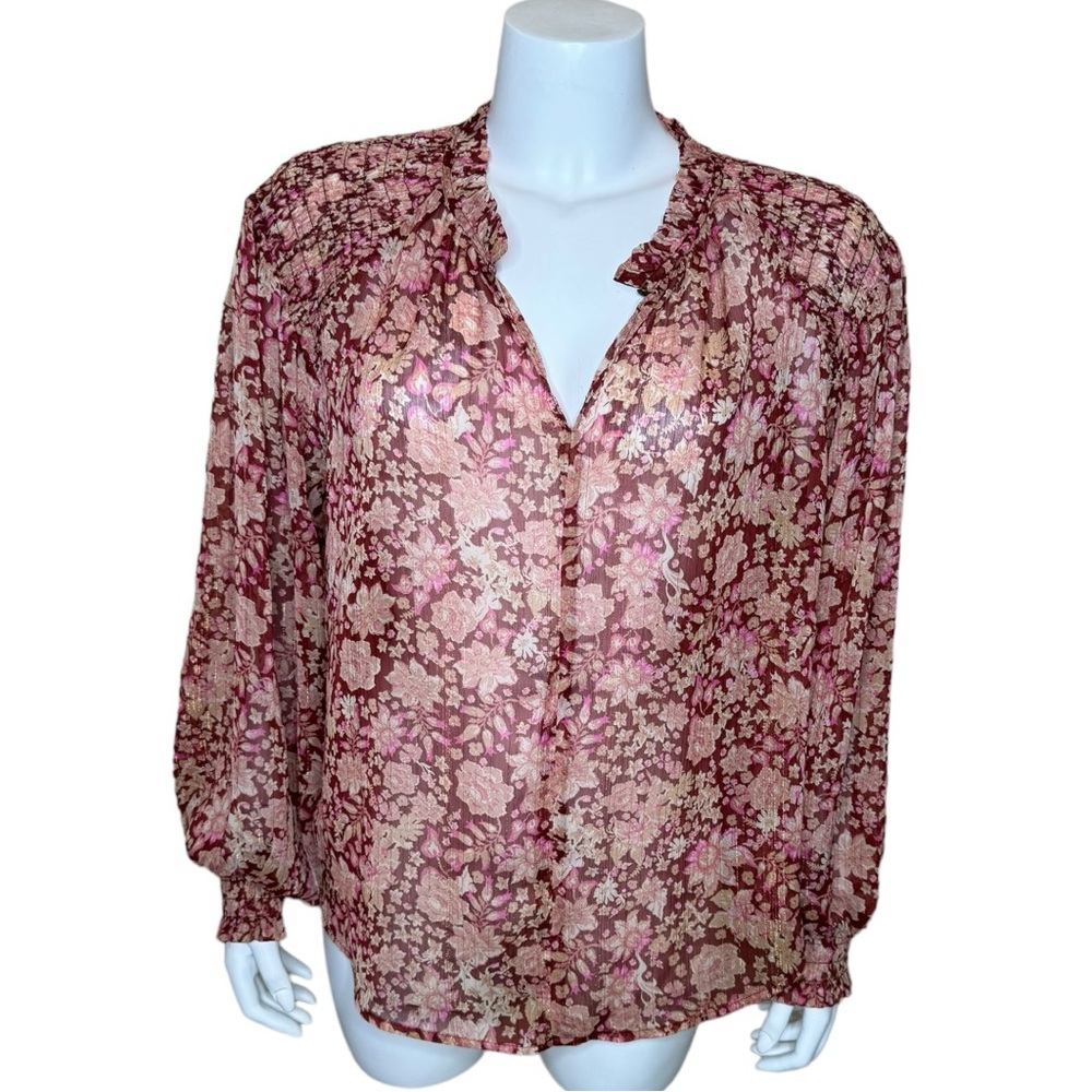 Joie Floral Peasant Top Blouse L Ruffled Neck Shirred Maroon